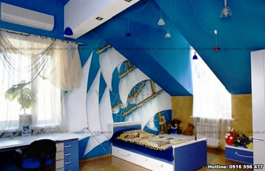 Màu xanh trong thiết kế phòng ngủ bé trai